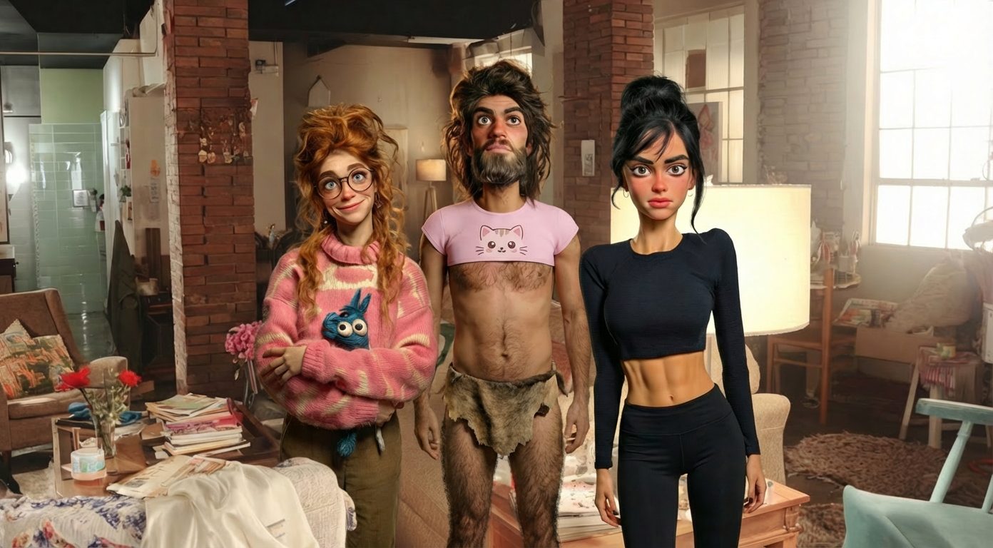 Three roommates in a loft: a redhead in a pink sweater, a caveman in a cat crop top, a woman in black